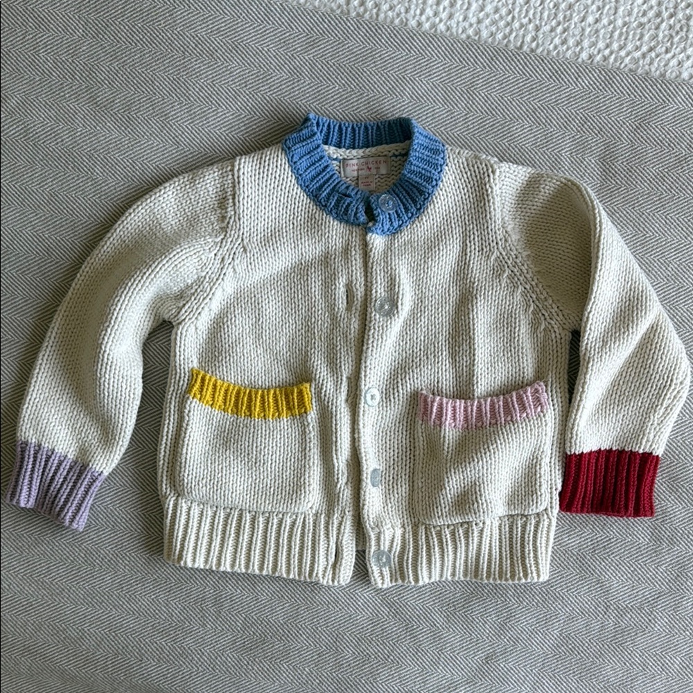Pink Chicken: Cream Knit Toddler Cardigan with Colorful Trim